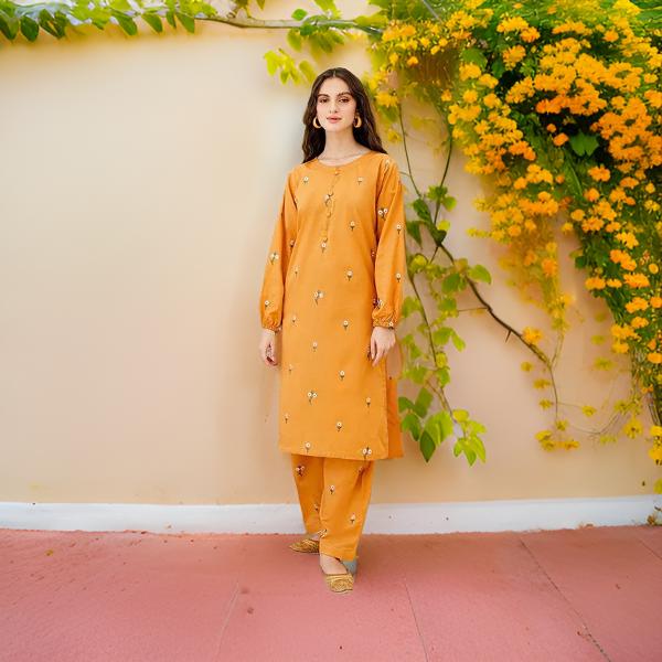 2PC  Petal Embroidered Dress (MUSTARD)